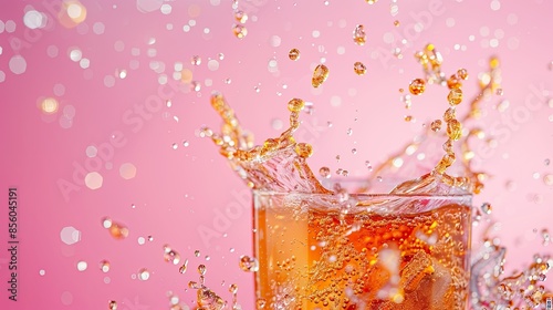 Close-up of iced tea splashing, with droplets in the air on a pink background