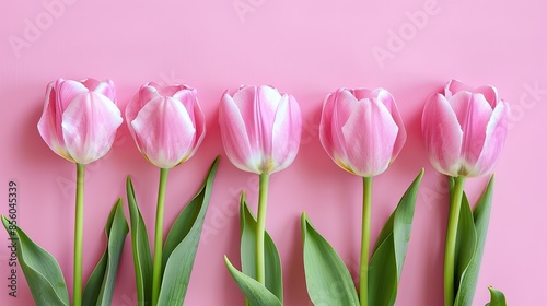 Close-up of pink tulips in a row on a pink background, simple and elegant for cards