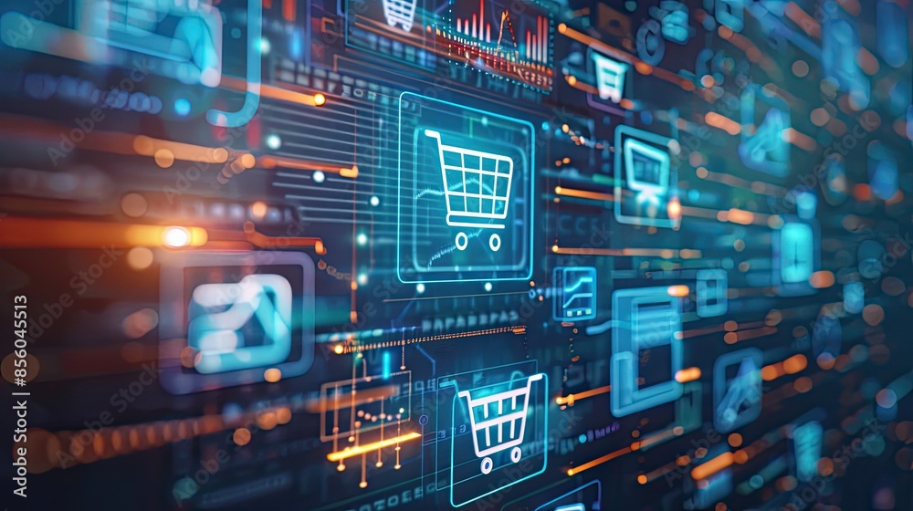 Conceptual design featuring digital icons for online shopping technology, set on blue Conceptual design featuring digital icons for online shopping technology, set on blue