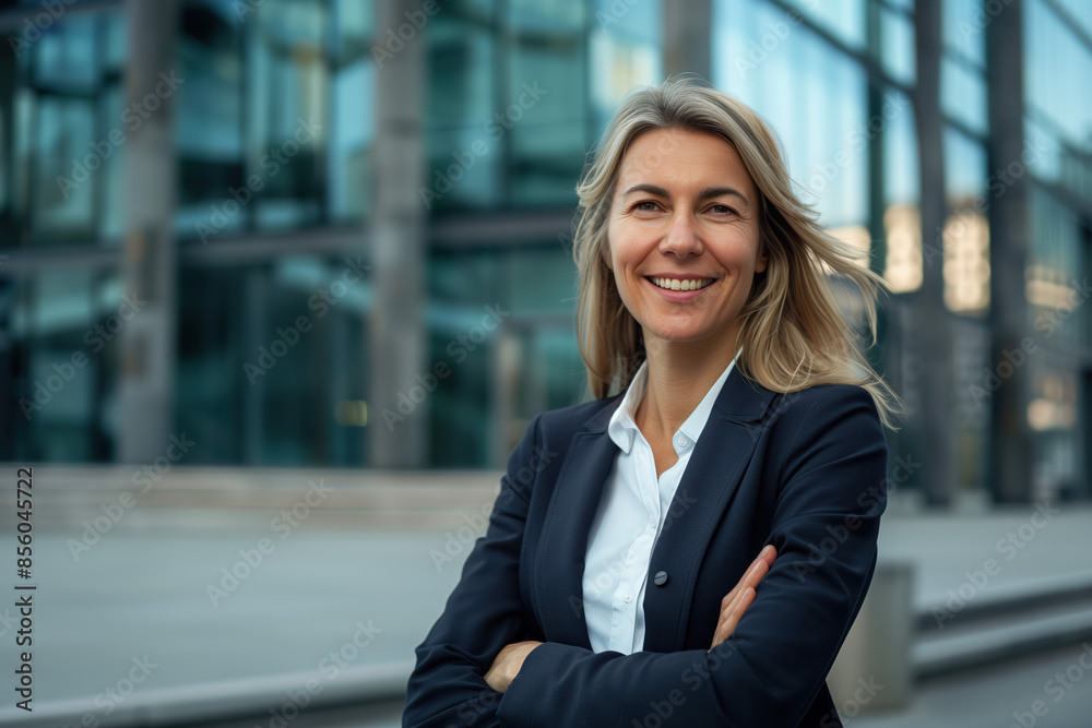 Confident businesswoman with blonde hair smiling in front of a modern glass office building, embodying professional success and positivity Confident businesswoman with blonde hair smiling in front of a modern glass office building, embodying professional success and positivity