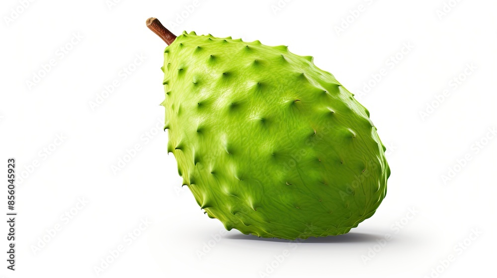This is an image of a green soursop fruit. It has a bumpy texture and a pointed tip. The fruit is about the size of a small papaya. This is an image of a green soursop fruit. It has a bumpy texture and a pointed tip. The fruit is about the size of a small papaya.