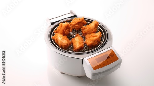 Oil-less fryer with a basket full of crispy fried chicken wings. It is isolated on a white background. photo