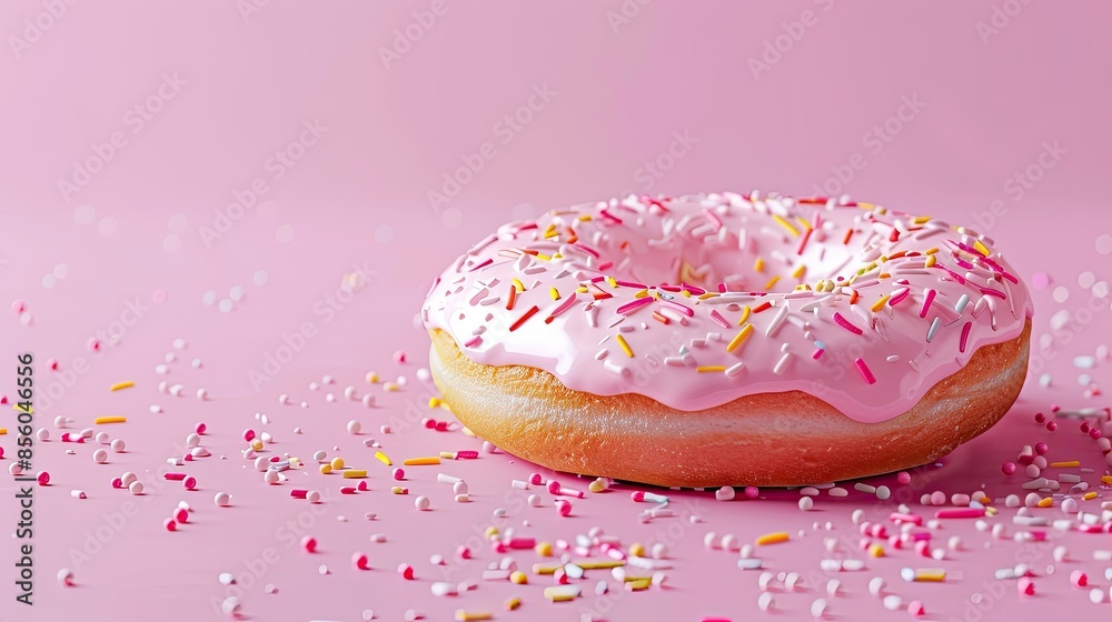 Detailed shot of a donut with pastel sprinkles against a pink background Detailed shot of a donut with pastel sprinkles against a pink background