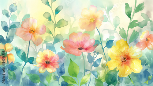 Fototapeta Naklejka Na Ścianę i Meble -  Watercolor painting of colorful flowers of July A mix of bright colors of light blue, pink, yellow, light green leaves. Tiny butterflies and bees