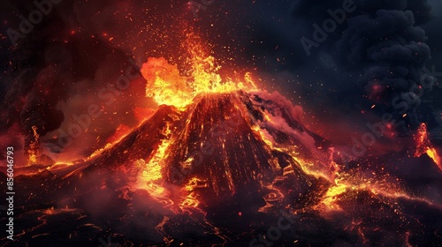 Volcanic eruption ignites the night with fiery lava, engulfing the landscape in a natural disaster. photo