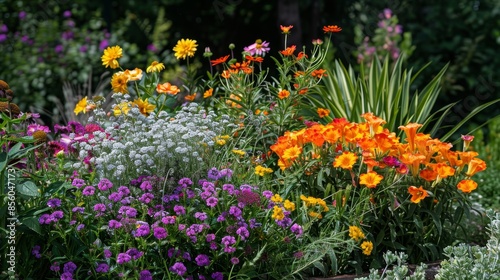 Vivid blooms of marigolds and diverse flora illuminate a sunkissed garden.