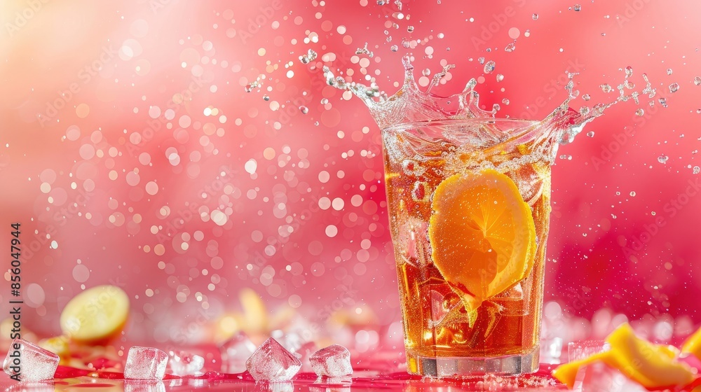 Glass of iced tea with lemon, splashing ice cubes on a vibrant pink background Glass of iced tea with lemon, splashing ice cubes on a vibrant pink background