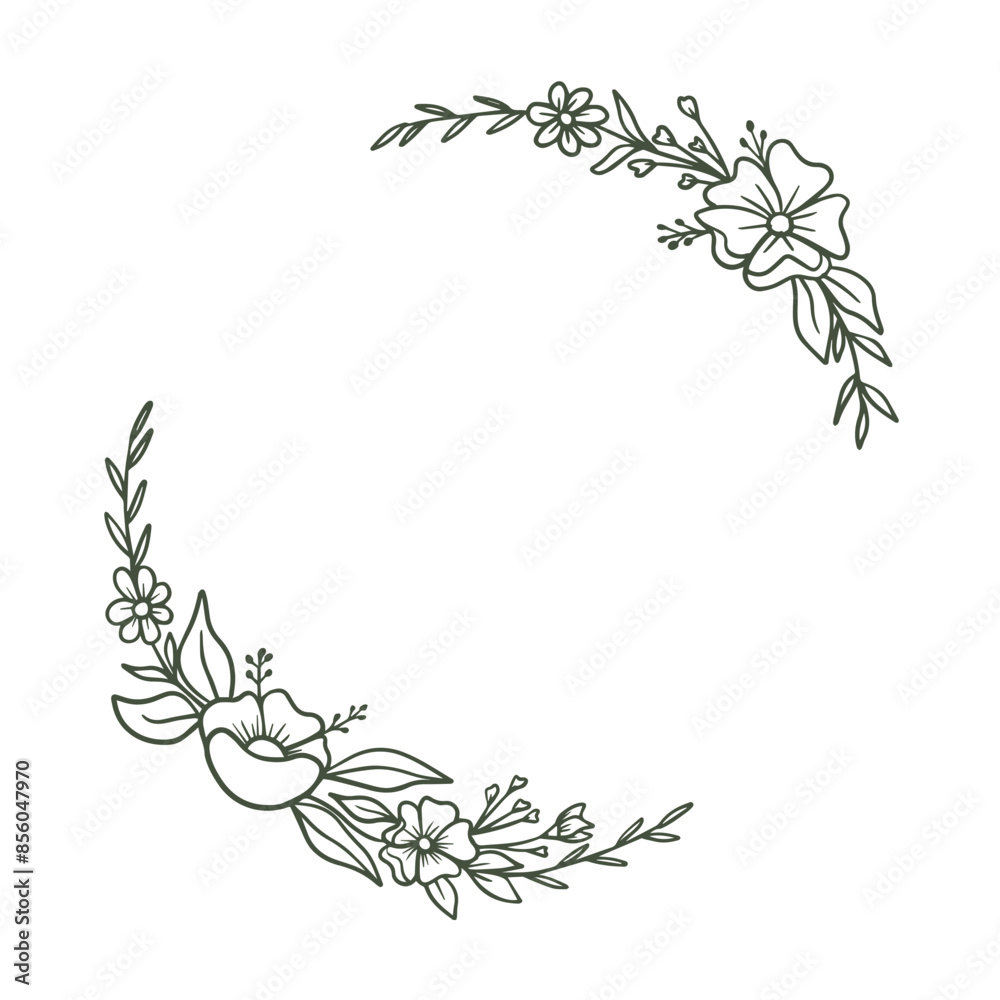 Round floral wreath frame with hand drawn flowers and leaves decoration Round floral wreath frame with hand drawn flowers and leaves decoration