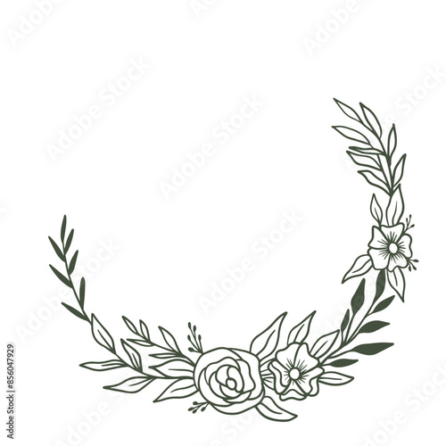 Round floral wreath frame with hand drawn flowers and leaves decoration