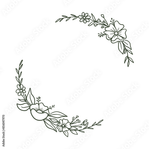 Round floral wreath frame with hand drawn flowers and leaves decoration