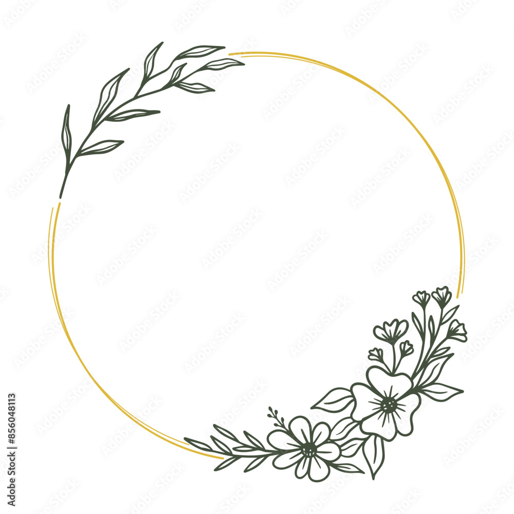 Naklejka premium Round floral wreath frame with hand drawn flowers and leaves decoration