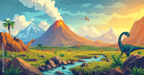 Fototapeta Naklejka Na Ścianę i Meble -  Vector illustration of prehistoric theme with dinosaurs jungle volcano on white background.