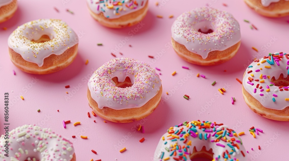 High-res image of assorted donuts with sprinkles, arranged on a pink background High-res image of assorted donuts with sprinkles, arranged on a pink background
