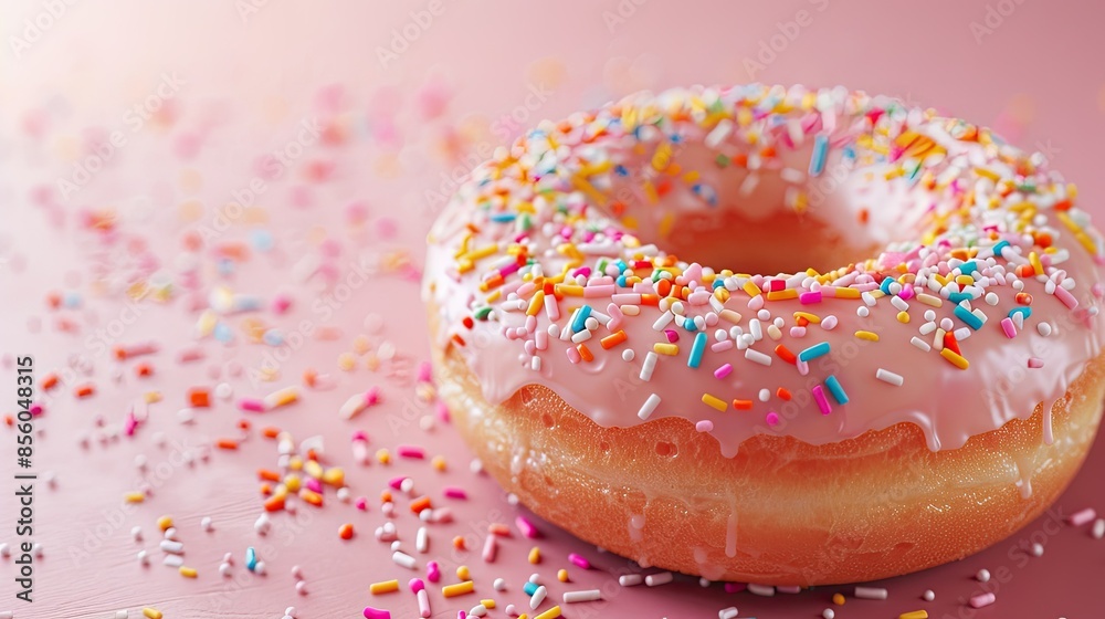 High-resolution close-up of a glazed donut with rainbow sprinkles on pink backdrop High-resolution close-up of a glazed donut with rainbow sprinkles on pink backdrop