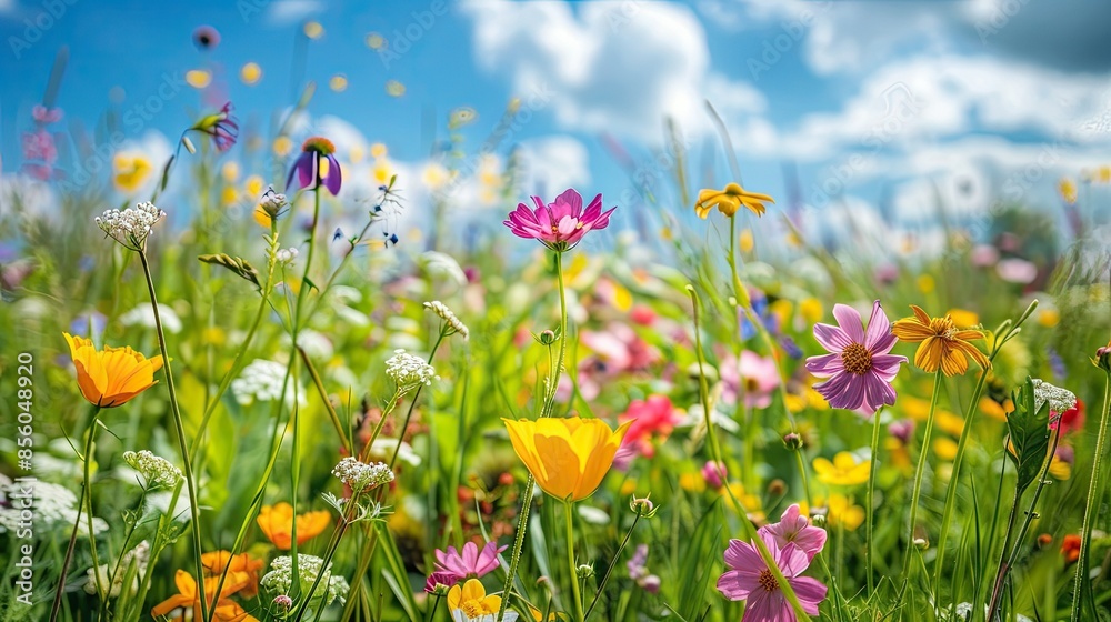 Lush meadow with blooming spring flowers, vibrant colors under a clear blue sky Lush meadow with blooming spring flowers, vibrant colors under a clear blue sky