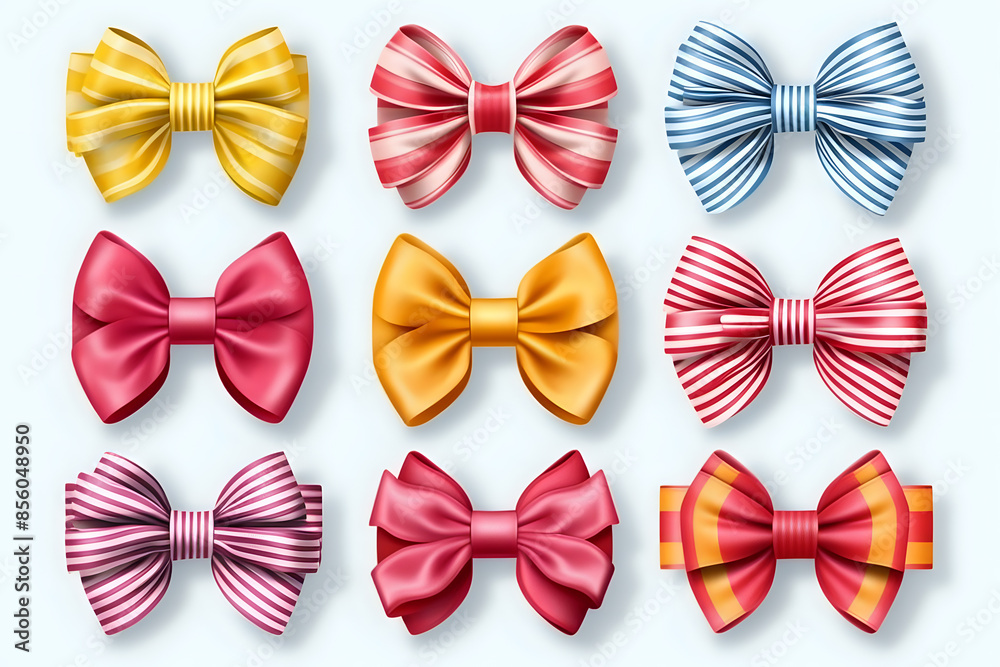 Collection of Striped and Solid Bow Ties. High-quality set of various bow ties in striped and solid designs, perfect for formal events, fashion projects, and invitation designs. Collection of Striped and Solid Bow Ties. High-quality set of various bow ties in striped and solid designs, perfect for formal events, fashion projects, and invitation designs.