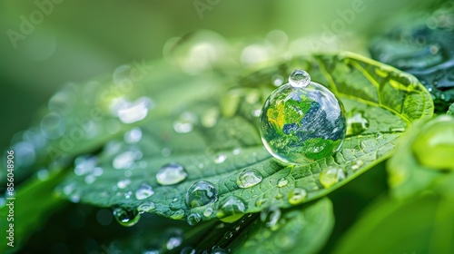 Wallpaper Mural Leaf with water drops, earth globe symbol in the backdrop, promoting climate awareness Torontodigital.ca