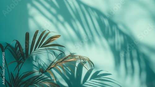 A plant's leaves and the shadows they cast on a teal-colored background create a tranquil, tropical atmosphere