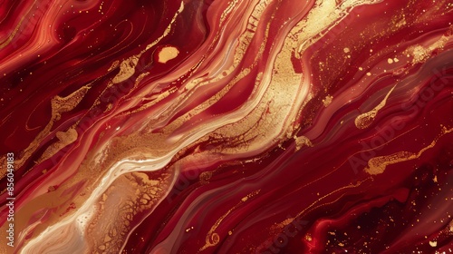 Abstract background, red gold color ink swirl.
