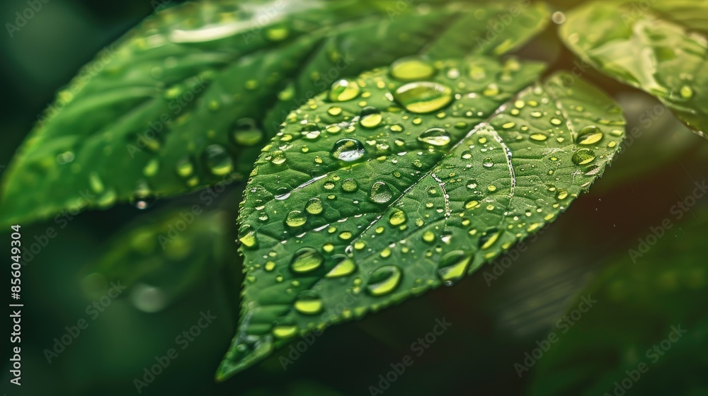 Macro shot of water droplets on a fresh green leaf, with earth symbolism for sustainability Macro shot of water droplets on a fresh green leaf, with earth symbolism for sustainability