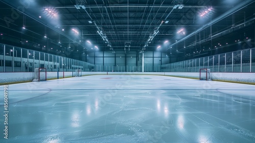 Vacant hockey arena with frozen rink ready for action