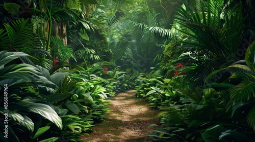 Unveiling an enigmatic jungle trail entwined by lush foliage and exotic flora in a tropical paradise. © BrilliantPixels