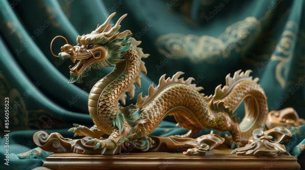 Golden Dragon Figurine on Green Silk Fabric, Generative AI Golden Dragon Figurine on Green Silk Fabric, Generative AI