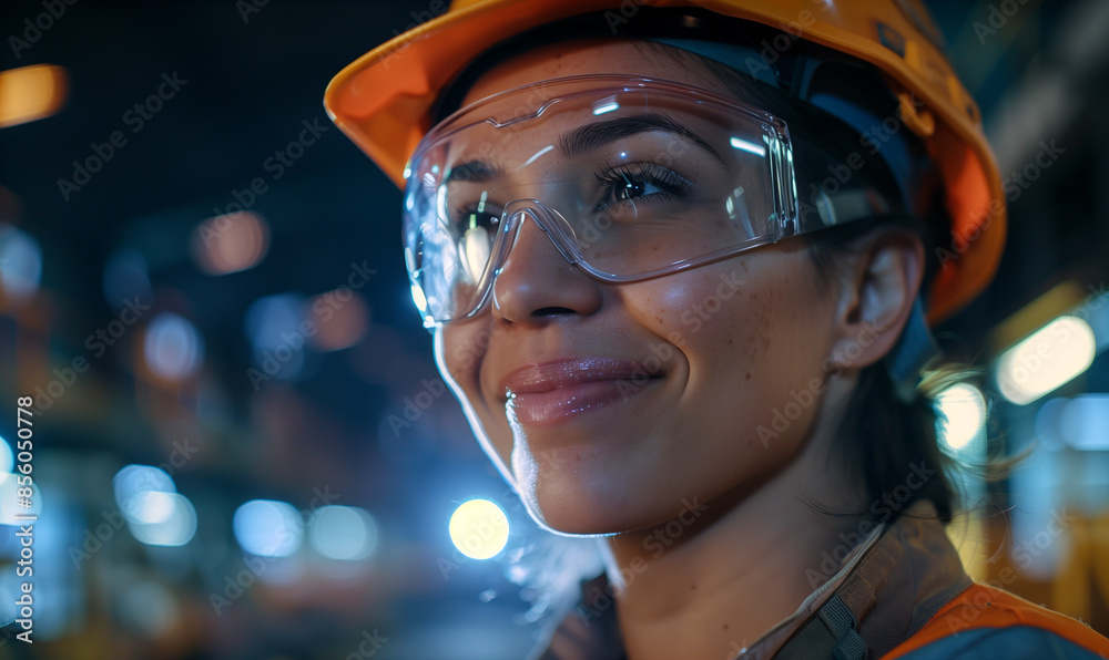 a smiling female factory worker wearing safety glasses and hard hat, working in an industrial setting a smiling female factory worker wearing safety glasses and hard hat, working in an industrial setting