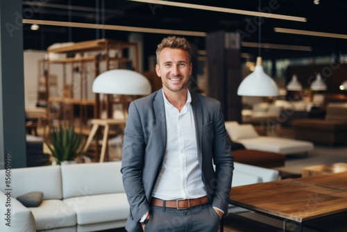 Smiling portrait of a young male sales person in furniture store