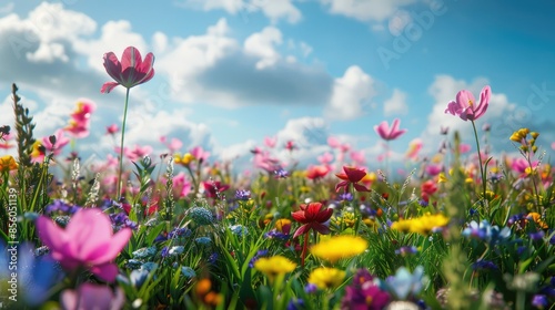 Springtime meadow filled with diverse flowers, under a sunny sky © chanidapa