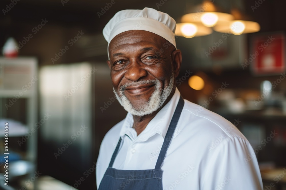 Smiling portrait of a senior male chef in commercial kitchen Smiling portrait of a senior male chef in commercial kitchen