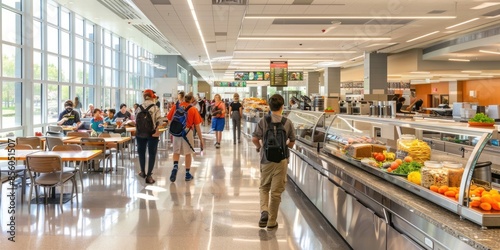Vibrant university cafeteria featuring an array of diverse food stations for students AIG59 photo