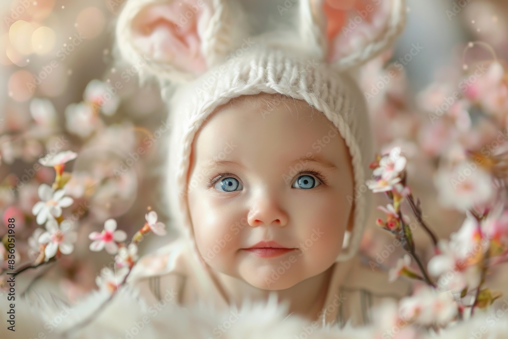 Baby in Bunny Hat Surrounded by Blossoms Baby in Bunny Hat Surrounded by Blossoms