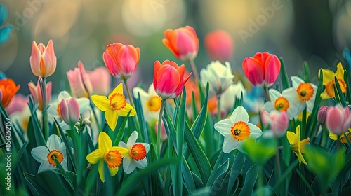 Vibrant tulips and daffodils in spring, colorful nature background