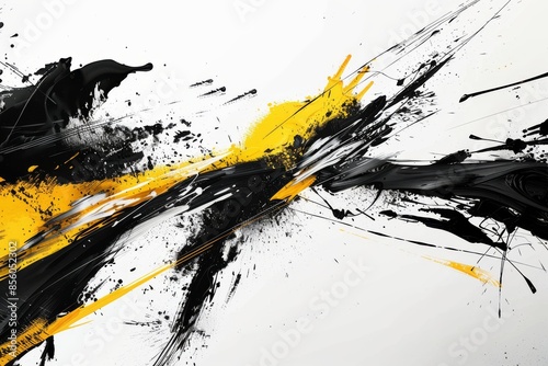 Abstract black and white paint splatter with yellow accents on canvas