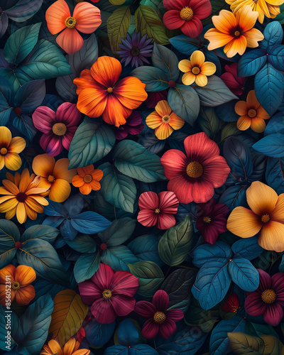 Wallpaper Mural intricate botanical pattern with colorful flowers and leaves, nature-inspired abstract design, rich textures and gradients, vibrant floral illustration Torontodigital.ca