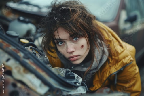 Young woman in harsh conditions with damaged car