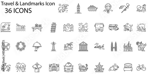 Set of travel & landmarks icons. Line art style icons bundle. vector illustration