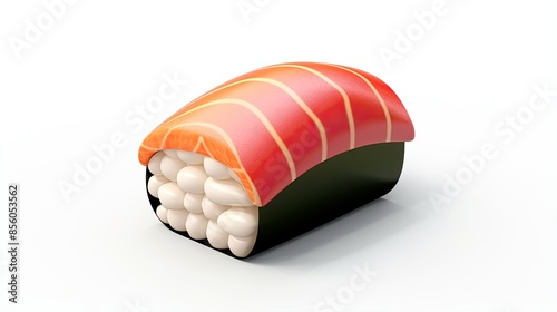 3D illustration of a delicious sushi roll, with salmon, rice, and seaweed. Isolated on a white background.