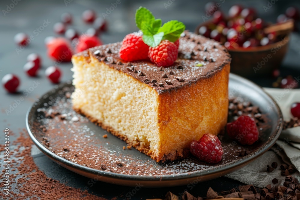 Delicious Sponge Cake Slice with Raspberries on Plate Delicious Sponge Cake Slice with Raspberries on Plate