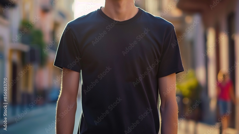 close up of Model Shirt Mockup, Boy wearing black t-shirt on street in daylight, Male guy wearing casual t-shirt mockup placement close up of Model Shirt Mockup, Boy wearing black t-shirt on street in daylight, Male guy wearing casual t-shirt mockup placement