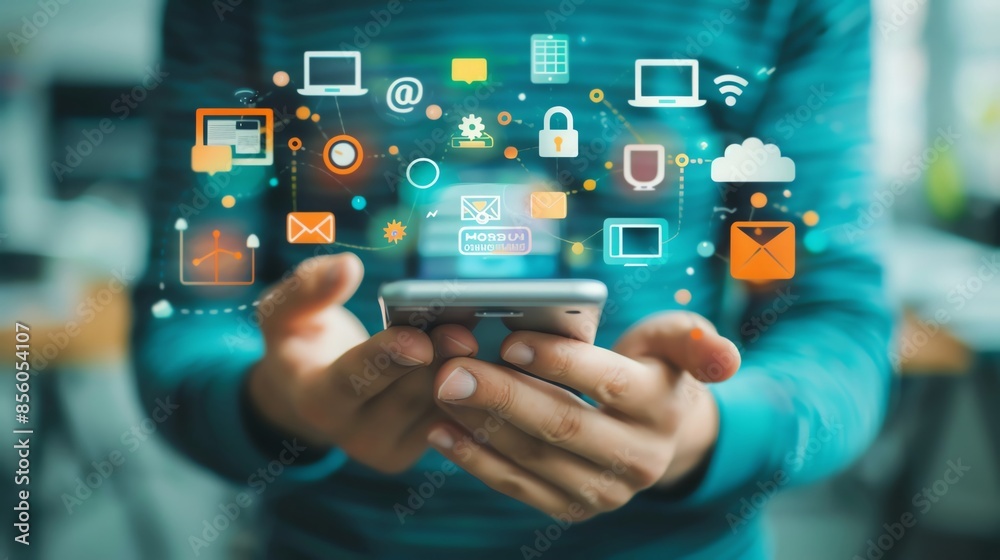 Obraz premium Person holding a smartphone with multiple app icons and digital communication symbols hovering above, representing technology and connectivity.
