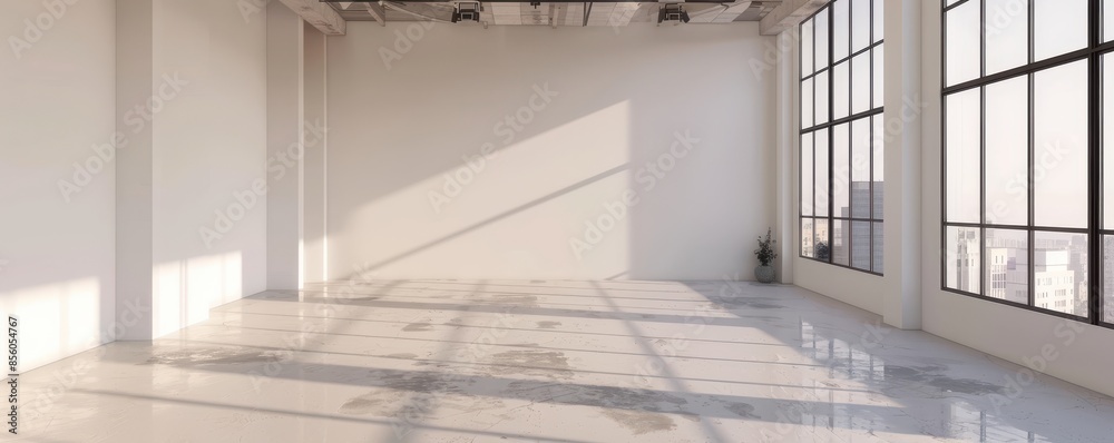 Obraz premium A spacious, modern office with large windows and sleek furniture. The clean design and abundant natural light create a productive and inviting workspace.