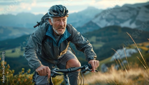 Mountain biking adventurer enjoying the stunning alpine landscape during a challenging journey AIG58