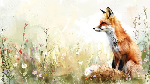 Watercolor Illustration of a Fox in a Field of Wildflowers. Soft Colors and an Ethereal Background Create a Peaceful Scene.