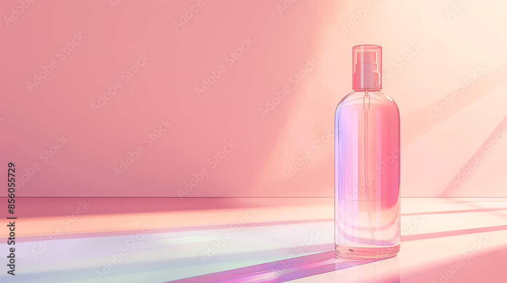bottle of perfume, Glass cosmetic bottle mockup, 3D rendering, solid color background with pastel-toned highlights around the bottle, aesthetic, abstract background. bottle of perfume, Glass cosmetic bottle mockup, 3D rendering, solid color background with pastel-toned highlights around the bottle, aesthetic, abstract background.
