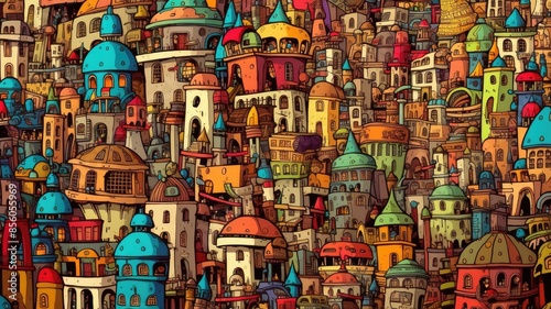 A colorful and detailed cityscape image with diverse architecture. AIG35.