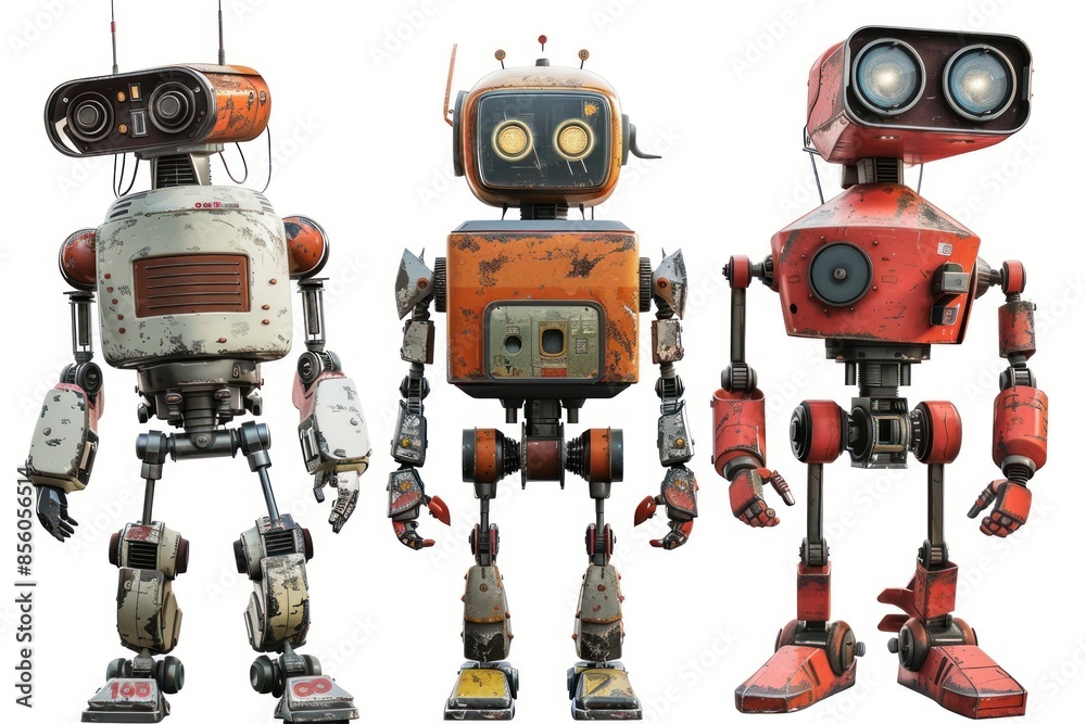 a set of 5 different robots, isolated on white, hyperdetailed, retro-futuristic a set of 5 different robots, isolated on white, hyperdetailed, retro-futuristic