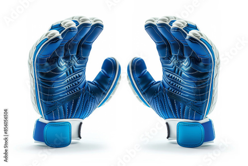 Realistic 3D indigo goalkeeper gloves on white background.