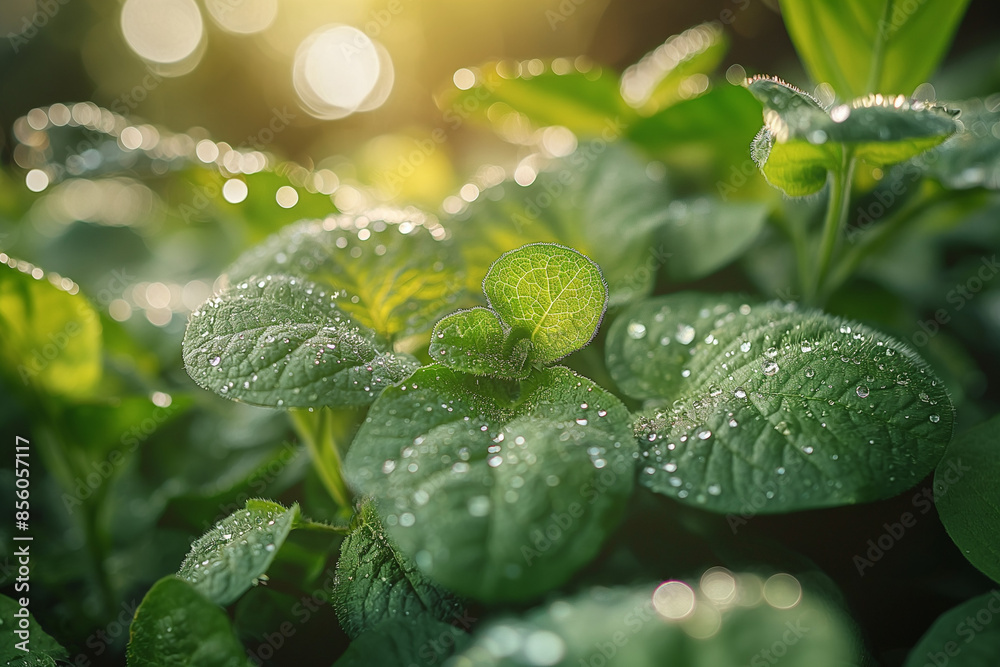 Close up leaves green plants cultivated on soil at sunset Close up leaves green plants cultivated on soil at sunset